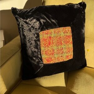 Bombay Black Velvet Throw Pillow  Gold Embroidered Indian Boho Accent